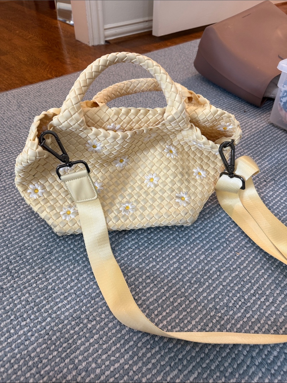 Naghedi Handwoven Shoulder Bag with White Daisy Embroidery in Light Yellow